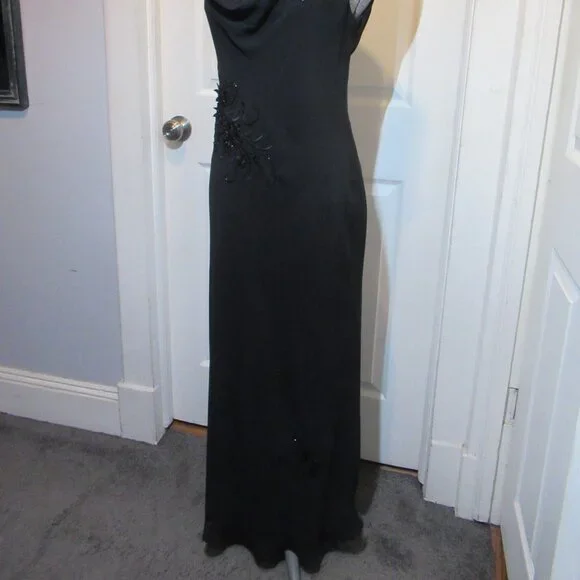 Adrianna Papell Black Chiffon Gown Floral Applique Beads EUC Whimsigoth Cowl - Picture 14 of 16